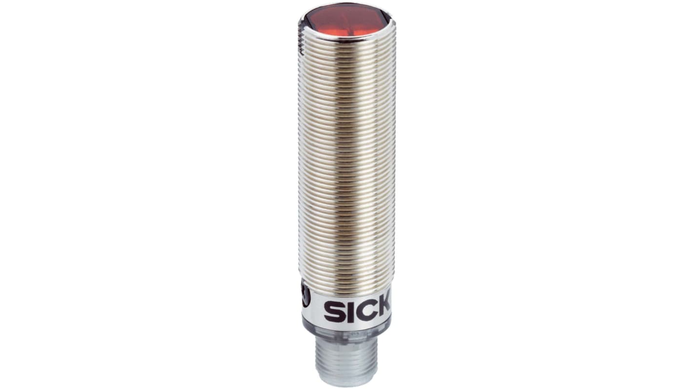 Sensore fotoelettrico cilindrico Sick GRL18-P2432 a retroriflessione, rilevamento fino a 7,2 m, uscita PNP, IP67.