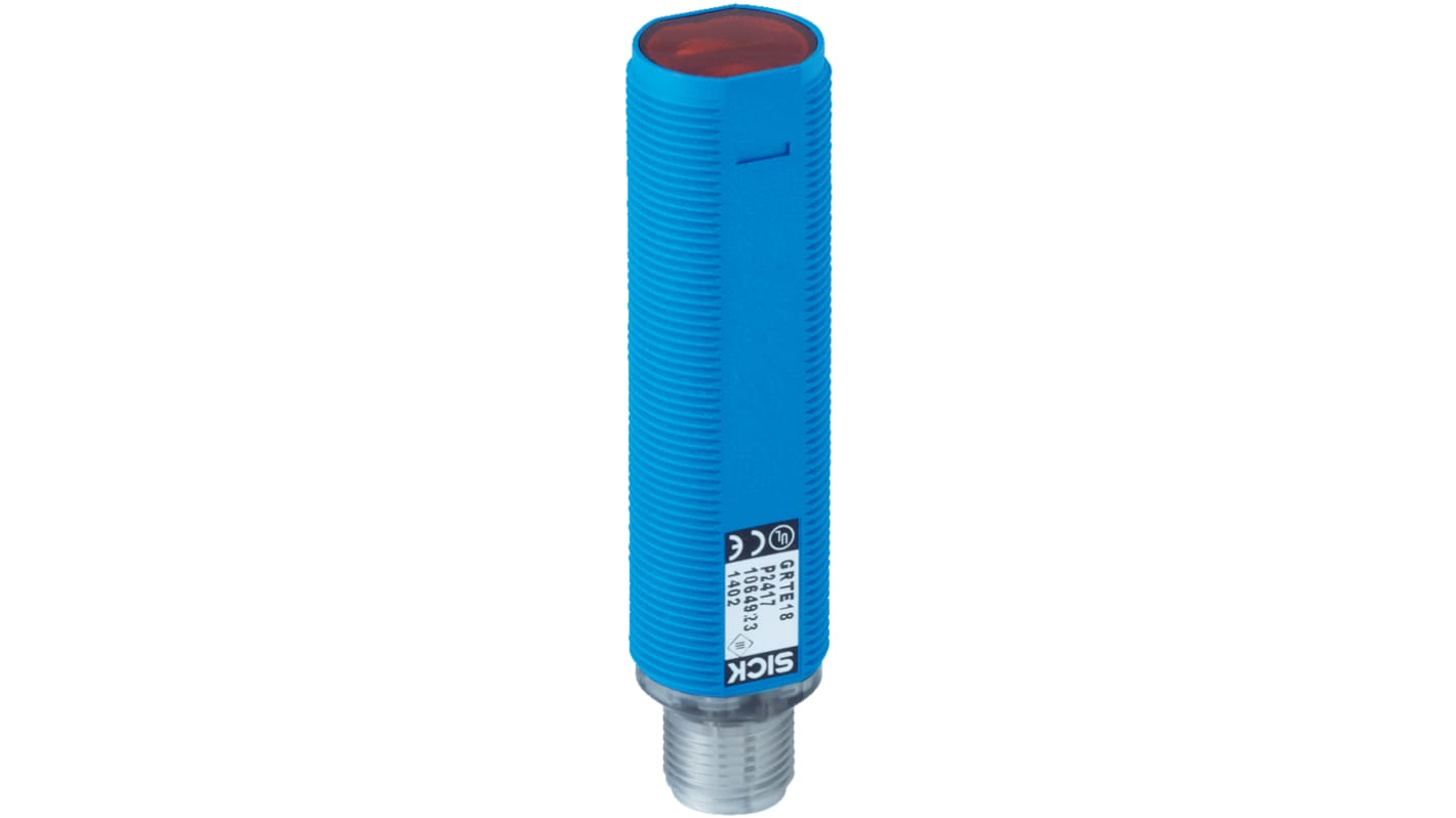 Sensore fotoelettrico cilindrico Sick GRL18-F2336 a retroriflessione, rilevamento fino a 7,2 m, uscita PNP, IP67, montaggio M18.