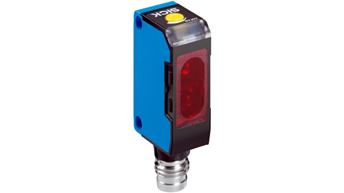 Sensore fotoelettrico rettangolare Sick WL150-N430 a retroriflessione, IP67, rilevamento fino a 2,4 m, con connettore M8.