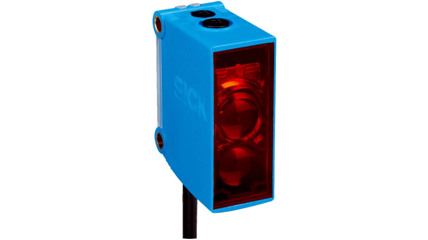 Sensore fotoelettrico rettangolare Sick GL10-P7211 a retroriflessione, rilevamento fino a 12 m, IP67, montaggio rapido Q-Lock.