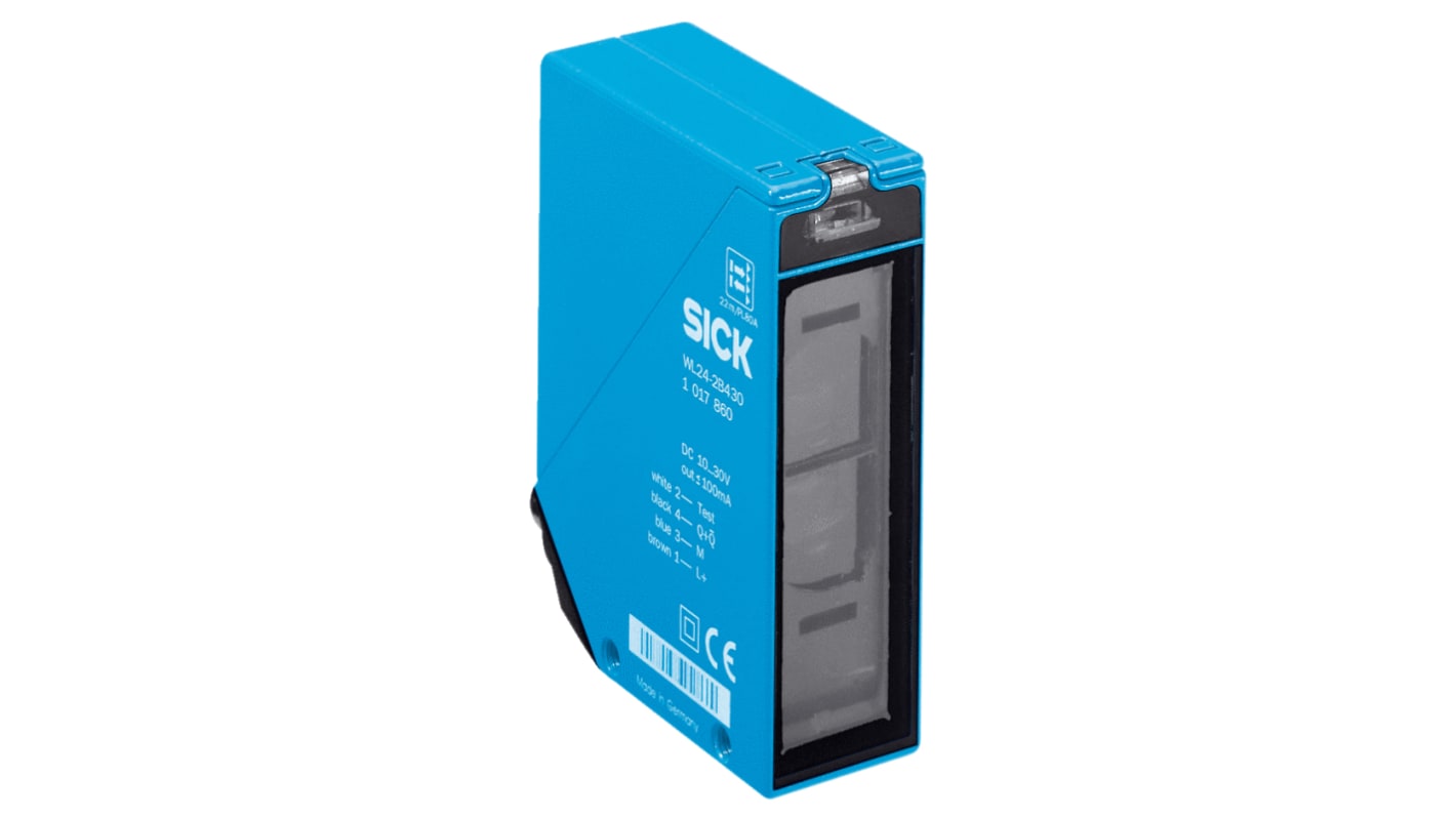 Sensore fotoelettrico rettangolare Sick WL24-2B230 a retroriflessione, gamma di rilevamento 22 m, uscita PNP, IP 69K.