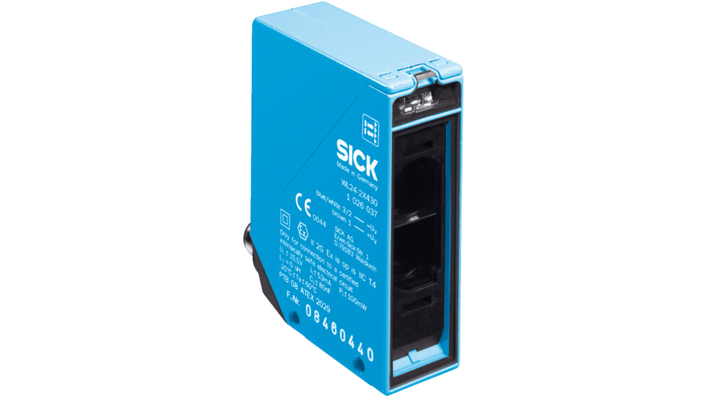 Sensore fotoelettrico rettangolare Sick WL24-2X230 a retroriflessione, rilevamento fino a 22 m, con uscita NAMUR e grado di protezione IP 67.