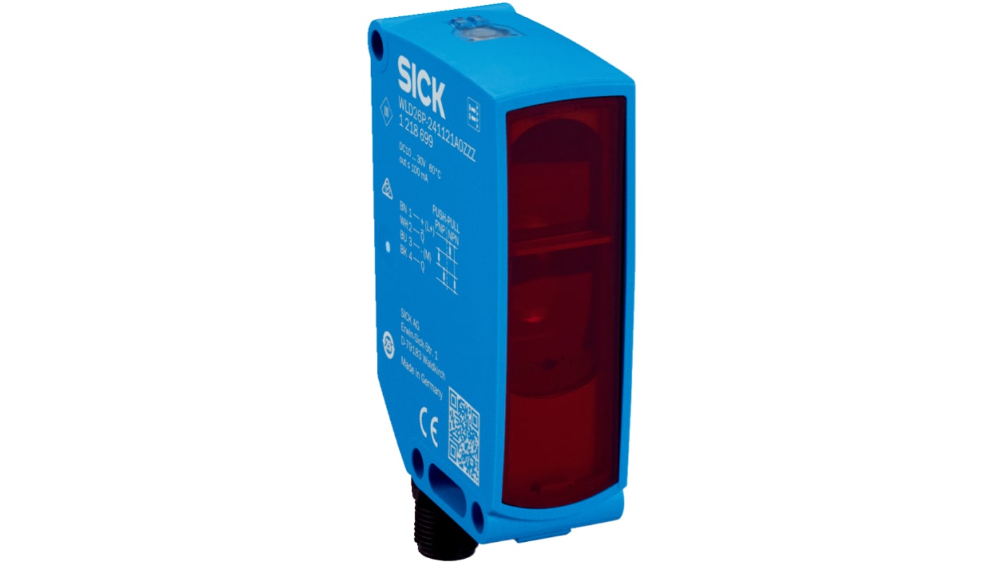 Sensore fotoelettrico rettangolare Sick WLD26P-241121A0ZZZ, polarizzato, gamma 19 m, uscita NPN/PNP, connettore M12. Grado IP66/IP67/IP69.