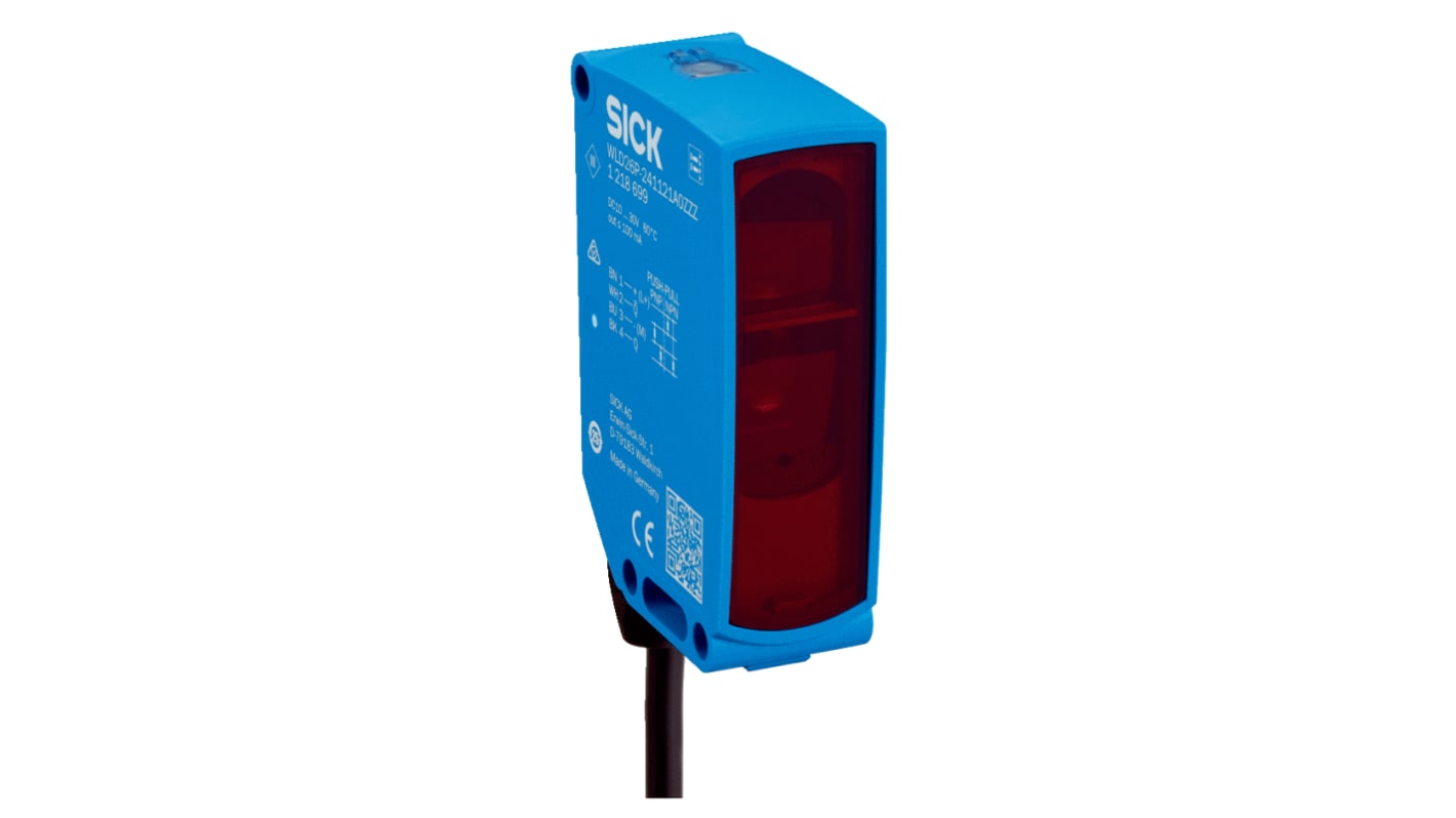 Sensore fotoelettrico rettangolare Sick WLA26P-34162100A00, rilevamento fino a 18 m, uscita NPN/PNP, grado di protezione IP66/IP69.