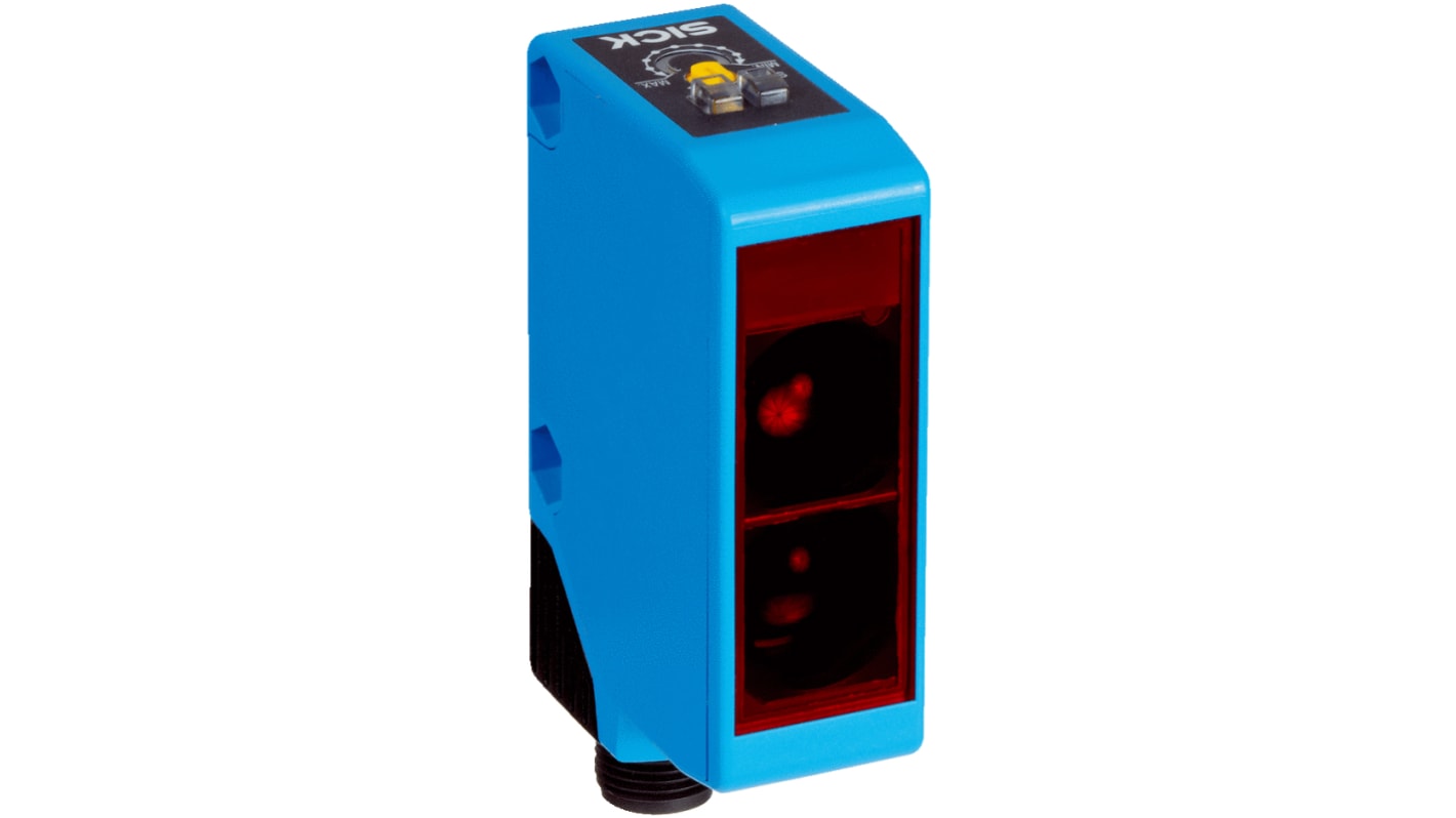 Sensore fotoelettrico rettangolare Sick WL250-2N2431, retro-riflettente, 12 m di rilevamento, IP67, con connettore M12.