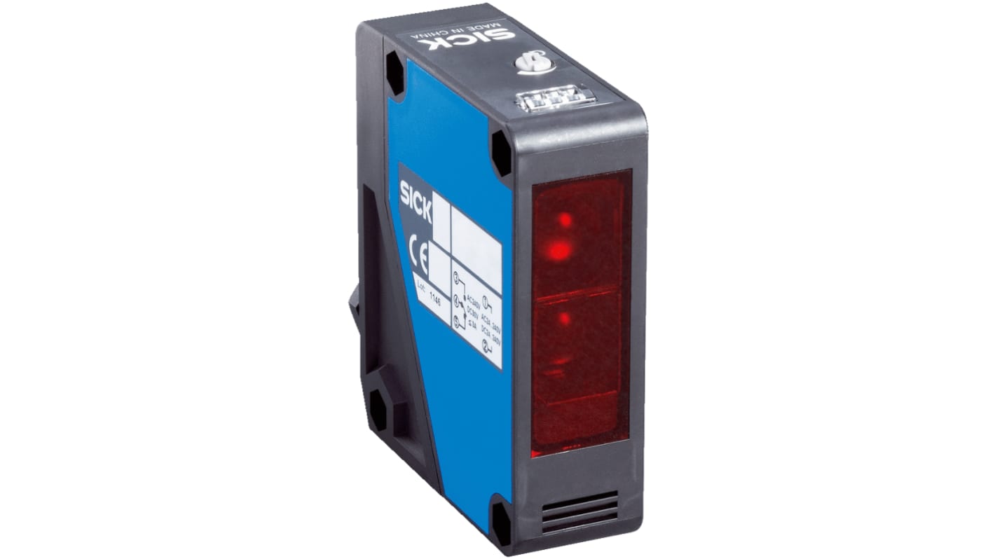 Sensore fotoelettrico rettangolare a retroriflessione Sick WL280-2R4331, rilevamento fino a 15 m, uscita relè, grado di protezione IP66/IP67.