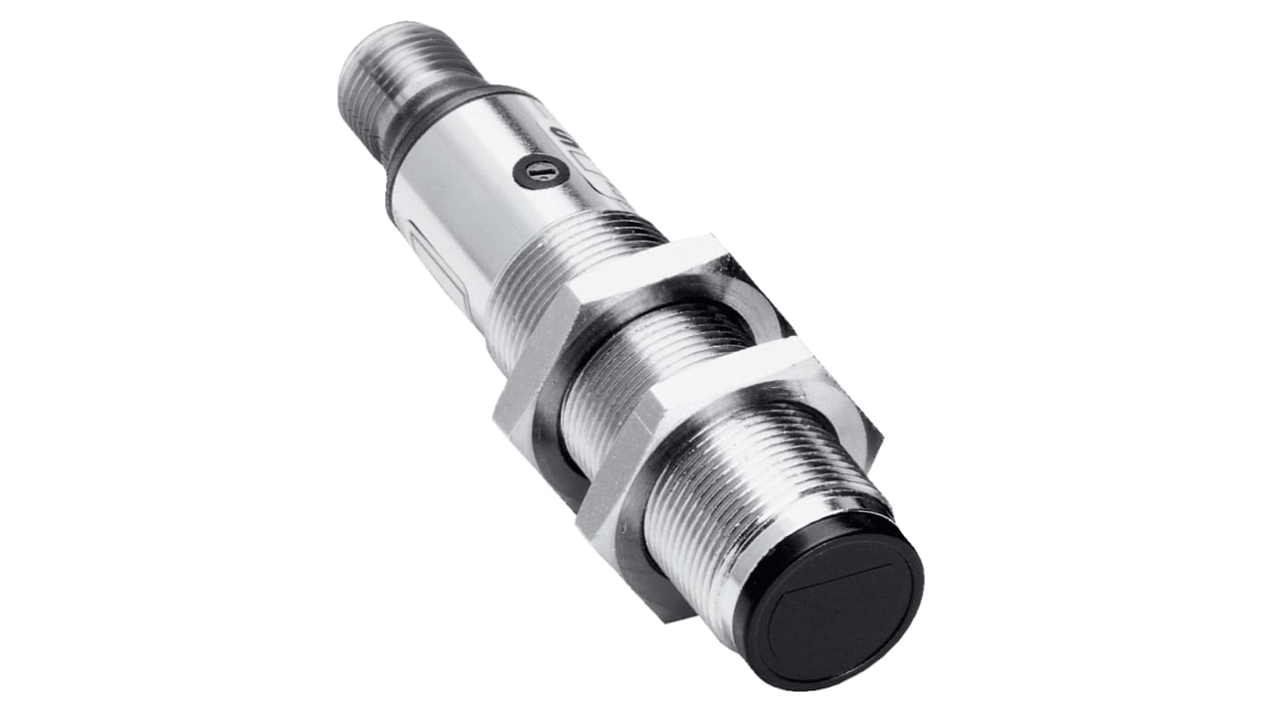 Sensore fotoelettrico cilindrico Sick VL18-4P3212 a retroriflessione, rilevamento fino a 3,7 m, uscita PNP, IP67.
