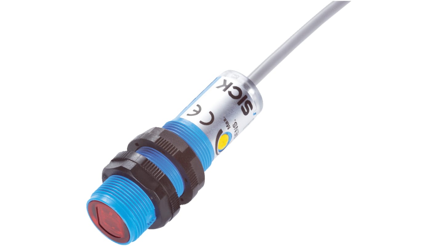 Sensore fotoelettrico cilindrico Sick VL180-2N41136 a retroriflessione, rilevamento fino a 7 m, IP67, uscita NPN.