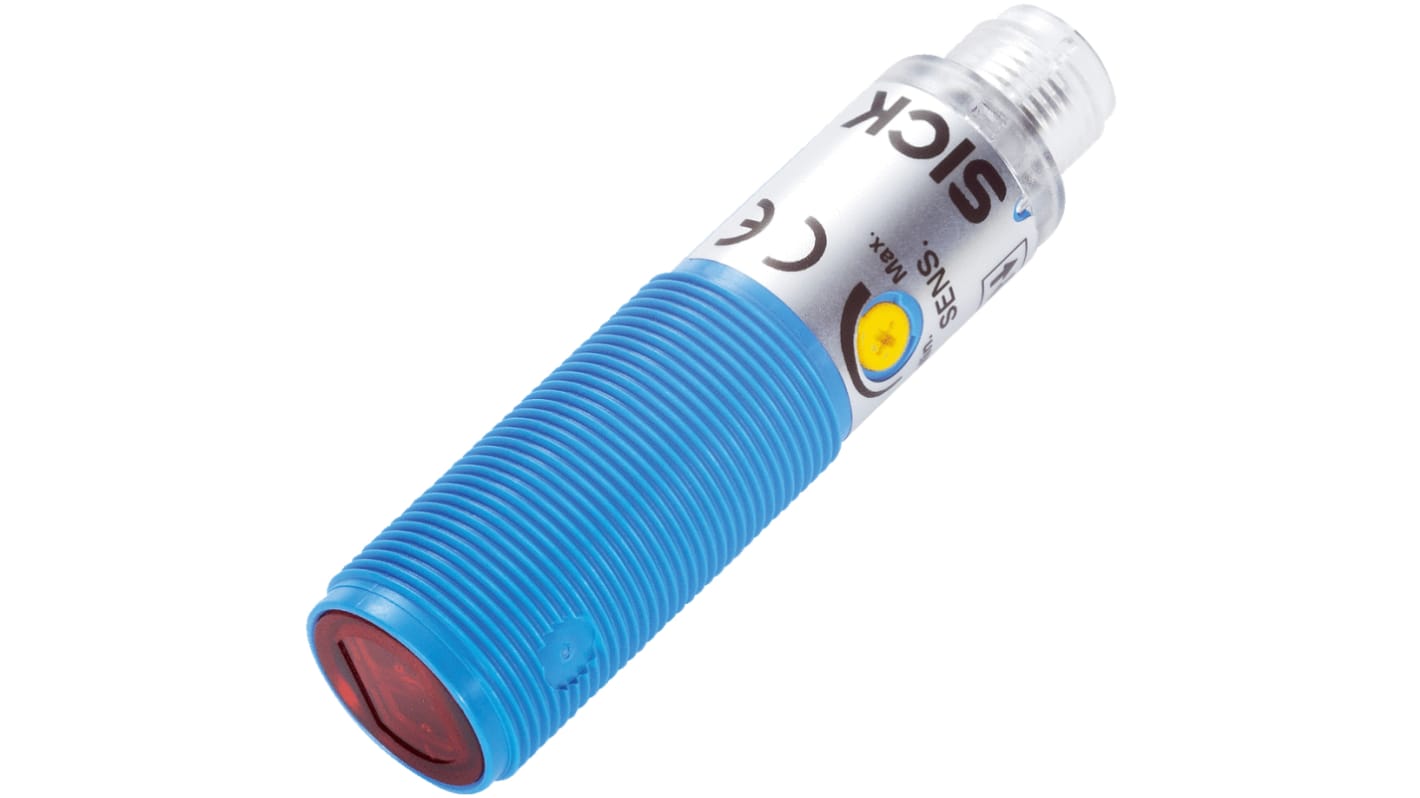 Sensore fotoelettrico cilindrico a retroriflessione Sick VL180-2N42436, rilevamento fino a 7 m, uscita NPN, IP67.