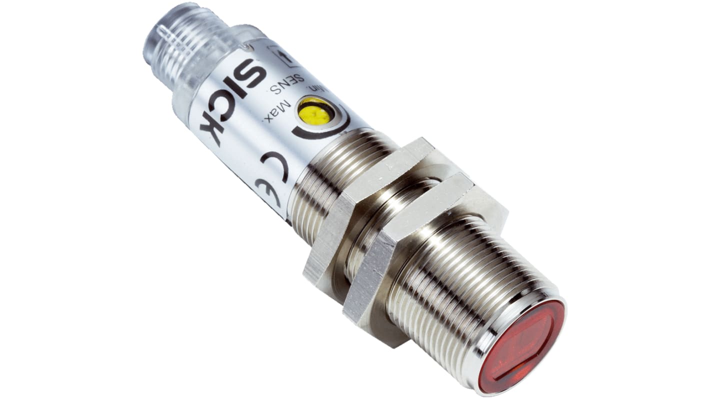 Sensore fotoelettrico cilindrico Sick VL180-2N42462 a retroriflessione, rilevamento fino a 7 m, uscita NPN, IP67, connettore M12.