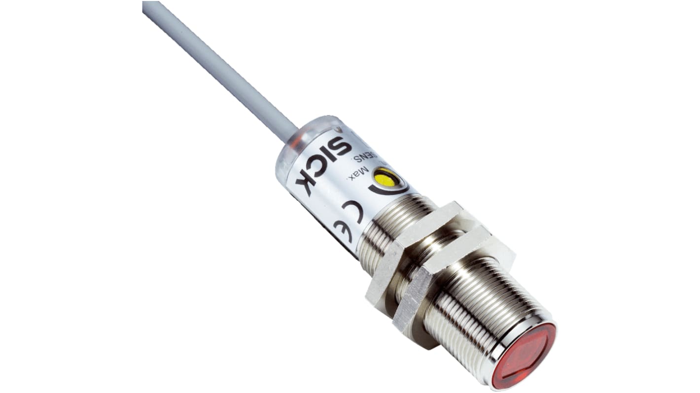 Sensore fotoelettrico cilindrico Sick VL180-2P41131 a retroriflessione, rilevamento fino a 7 m, uscita PNP, IP67, custodia in metallo.