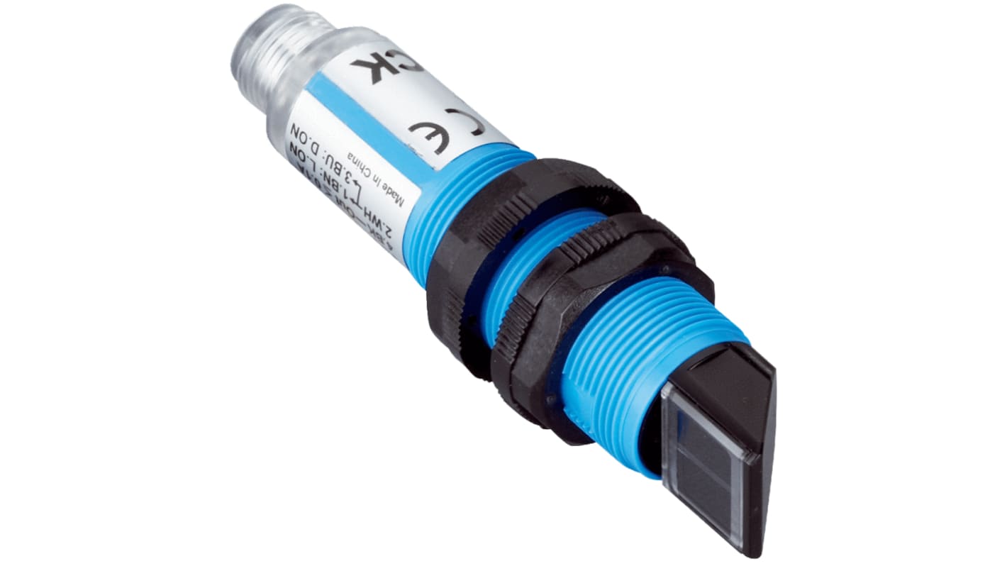 Sensore fotoelettrico cilindrico Sick VL180-2N42438 a retroriflessione, rilevamento fino a 5,5 m, connettore M12, IP67.