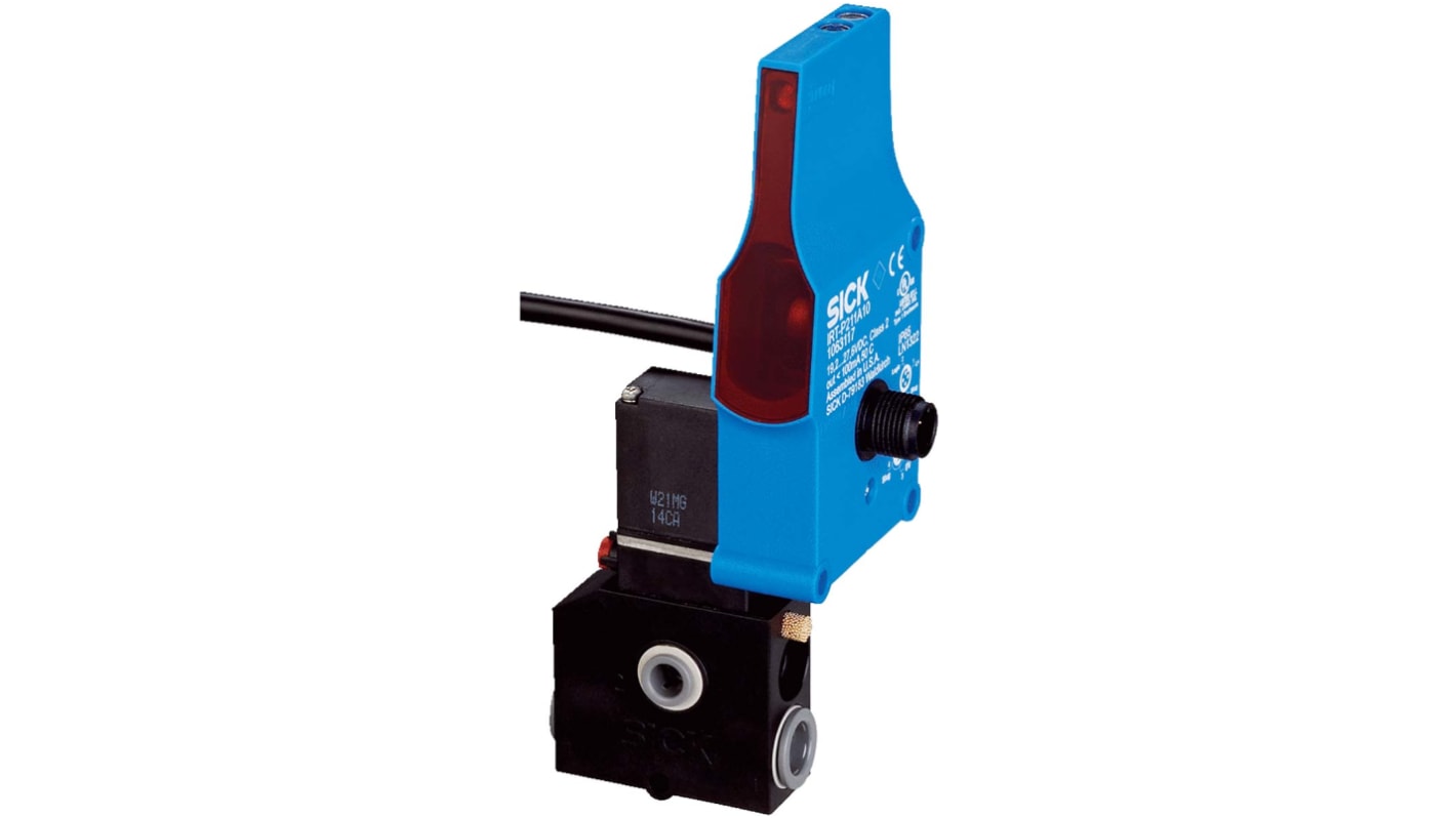 Sensore fotoelettrico rettangolare Sick IRL-P212E40 a retroriflessione, rilevamento fino a 1,5 m, uscita PNP, IP65, montaggio versatile.