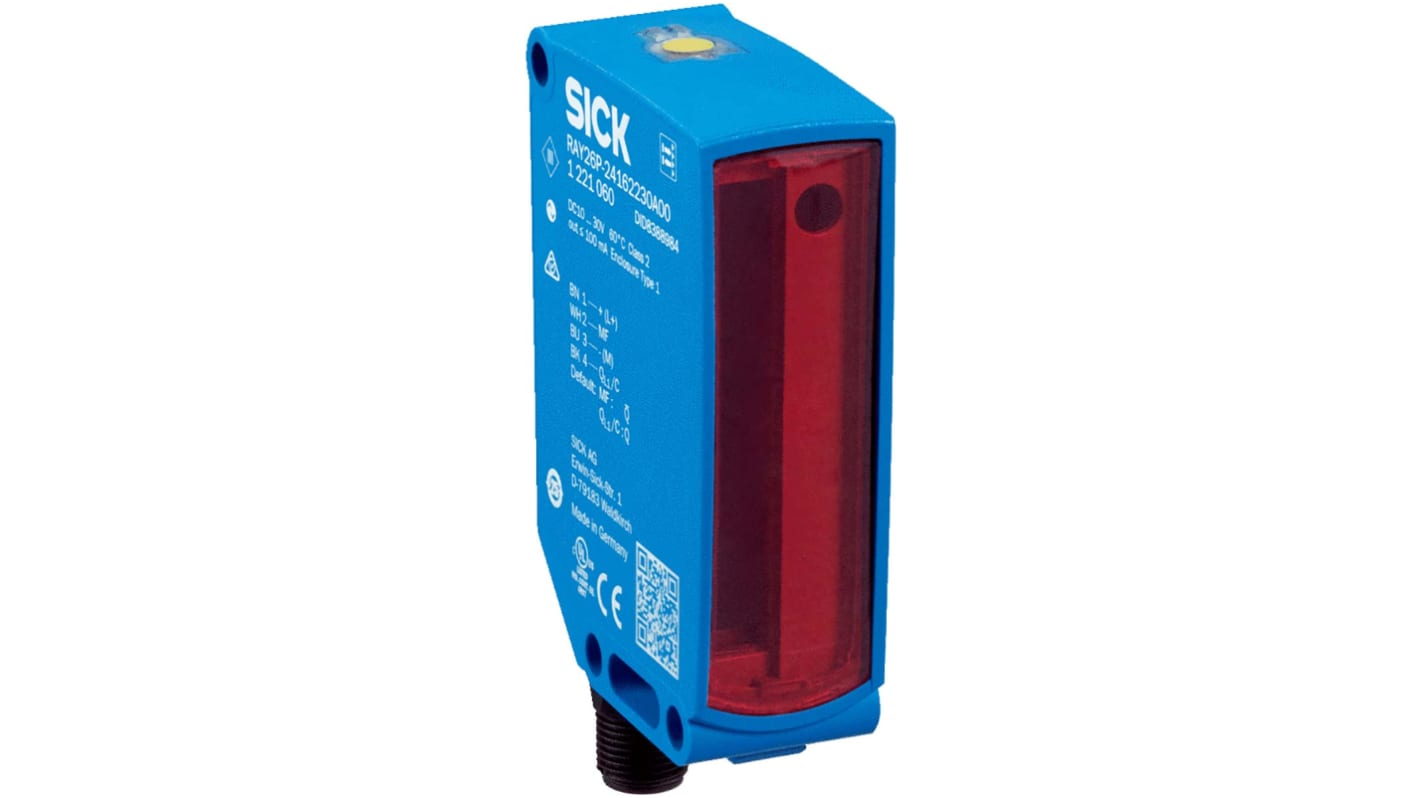 Sensore fotoelettrico Sick RAY26P-24162330A00, rettangolare, rilevamento fino a 4,5 m, uscita NPN/PNP, grado di protezione IP67.