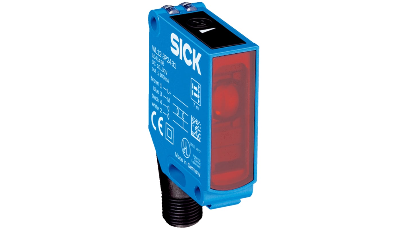 Sensore fotoelettrico rettangolare Sick WL12-3P2461, con gamma di rilevamento 2 m, uscita PNP e custodia metallica IP66/IP67/IP69K.
