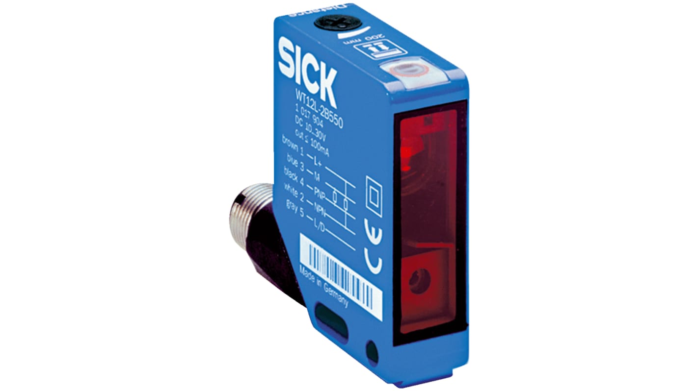 Sensore fotoelettrico rettangolare Sick WL12L-2B531, rilevamento fino a 18 m, uscita PNP, custodia metallica, IP67/IP69K.