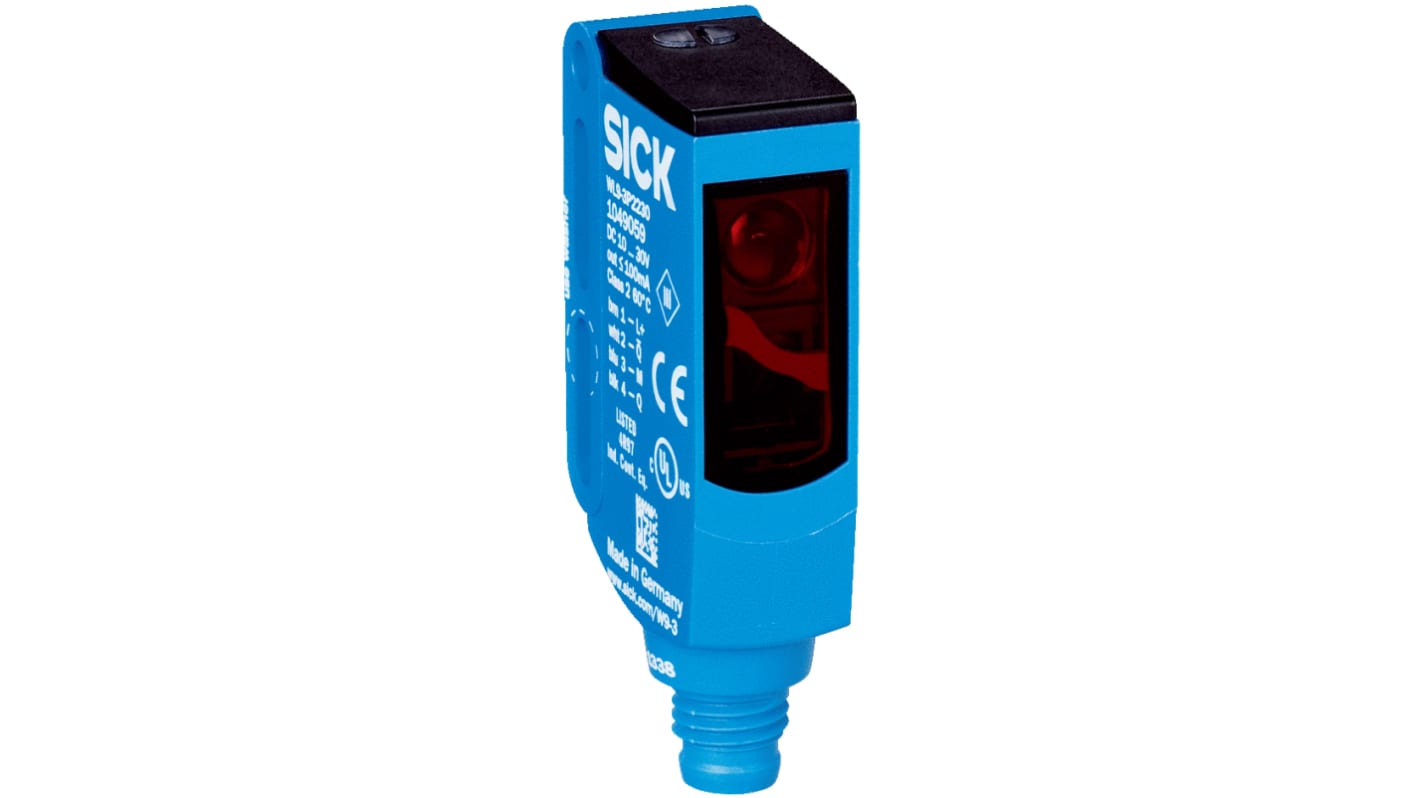 Sensore fotoelettrico rettangolare Sick WL9-3P2230 a retroriflessione, rilevamento fino a 4 m, uscita PNP, con connettore M8 a 4 pin.