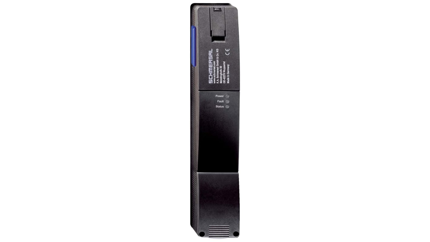 Interruttore di interblocco a solenoide Schmersal AZM 201, 24V cc, con diagnosi intelligente e tre LED per monitoraggio.