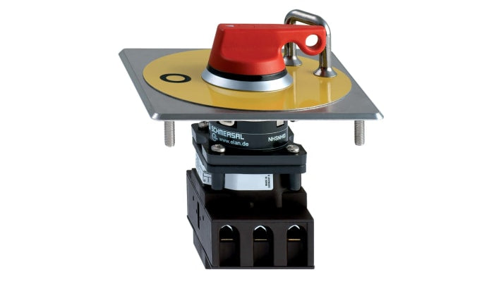 Modulo isolatore Schmersal NHSNH63, 3 poli, corrente 63A, IP67/IP69K, montaggio a flangia, vita meccanica 1.000.000 operazioni.