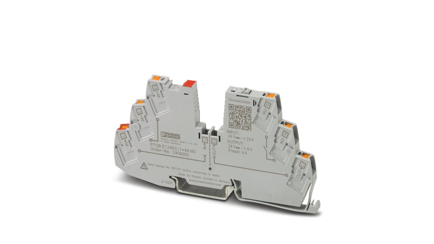 Interruttore automatico elettronico Phoenix Contact 2908262 - PTCB E1 24 c.c./1-8 A NO. Capacità di commutazione 300 A, tensione operativa 0-30 V c.c. Protezione da sovratensioni e cortocircuiti, reset facile e monitoraggio LED. Ideale per relè, motori e attuatori.