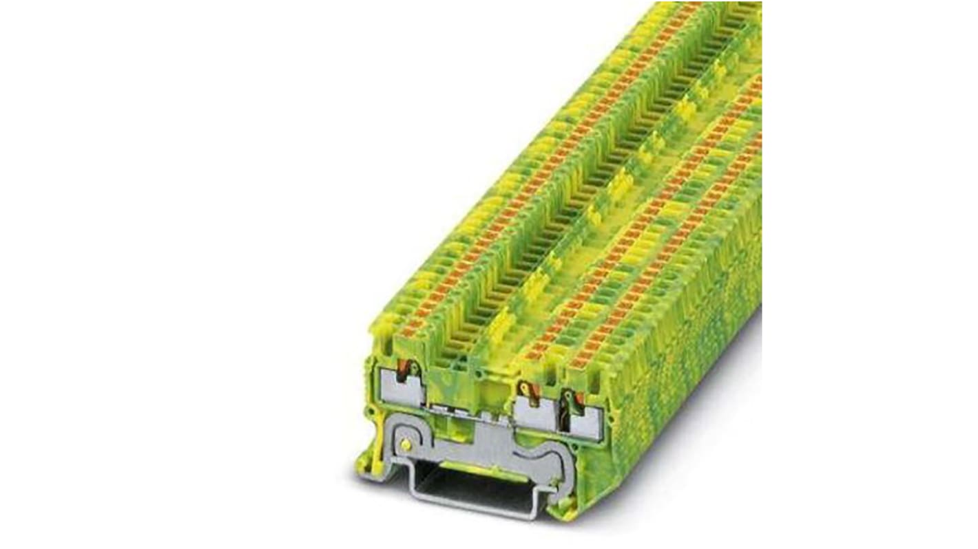 Morsettiera modulare Phoenix Contact 3208171 verde-gialla, sezione 0,14-1,5 mm². Realizzata in PA, collegamento a innesto. Grado inquinamento 3, categoria sovratensione III.
