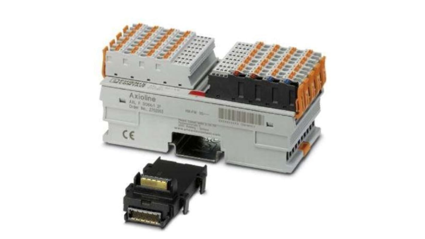 Modulo I/O Phoenix Contact 2702053, unità ausiliaria con 64 uscite digitali, corrente 500 mA, dimensioni 129,9 x 53,6 x 54 mm.