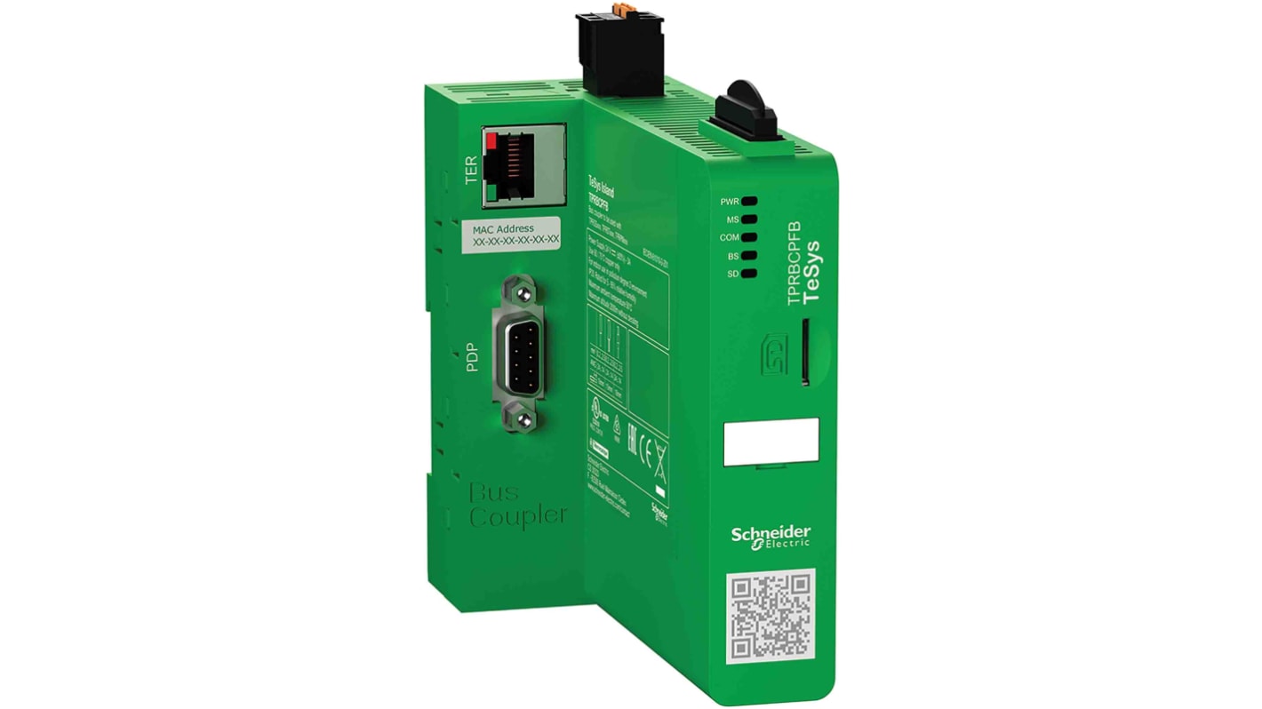 Accoppiatore bus Schneider Electric TPRBCPFB per TeSys Island, 24 V, montaggio su guida DIN, dimensioni 50 x 118 x 114 mm, supporta fino a 20 moduli.