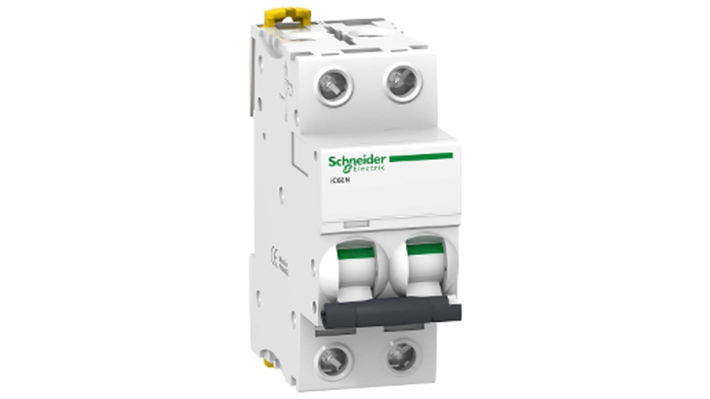 Interruttore magnetotermico Schneider Electric A9F79220, 2P 20A Tipo C per protezione circuiti. Conforme a standard, temperatura -35 a 70 °C, IP20.