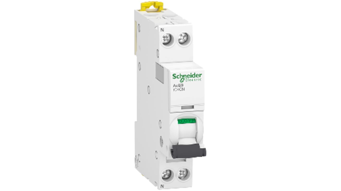 Interruttore magnetotermico Schneider Electric A9P54606, 1P 6A Tipo C, temperatura operativa -25 a 70 °C, protezione cortocircuiti e sovraccarichi.