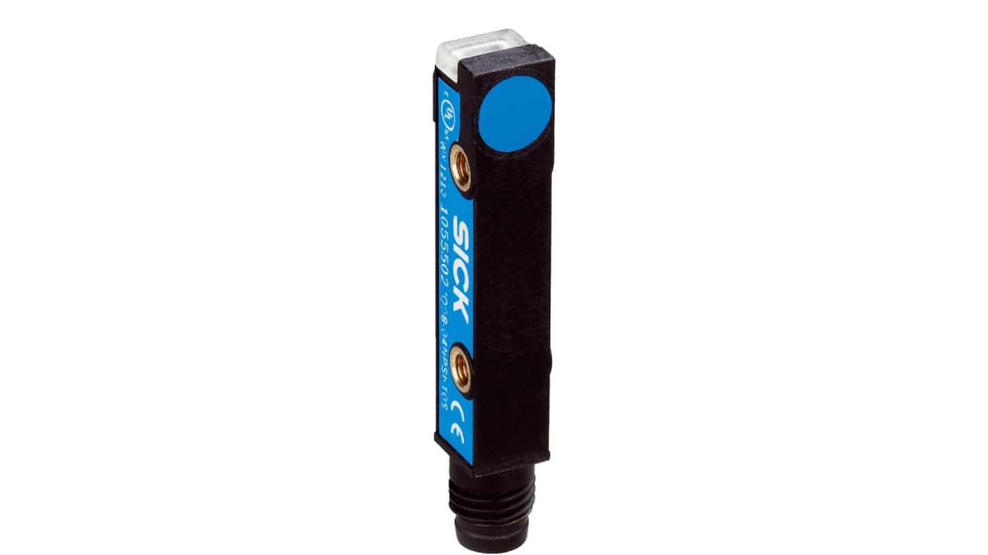 Sensore di prossimità Sick IQ08-02BPOKT0S, PNP normalmente chiuso, rilevamento 2 mm, IP67/IP68, dimensioni 8x8x40 mm.