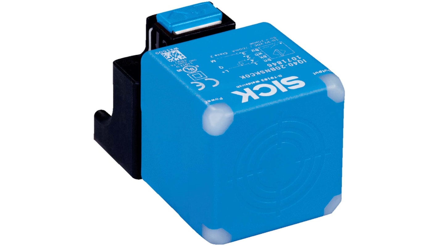 Sensore di prossimità Sick IQ40-40NNPKC0K, induttivo, NPN, 40 mm, IP68/IP69K, montaggio push-lock, 66x40x40 mm.