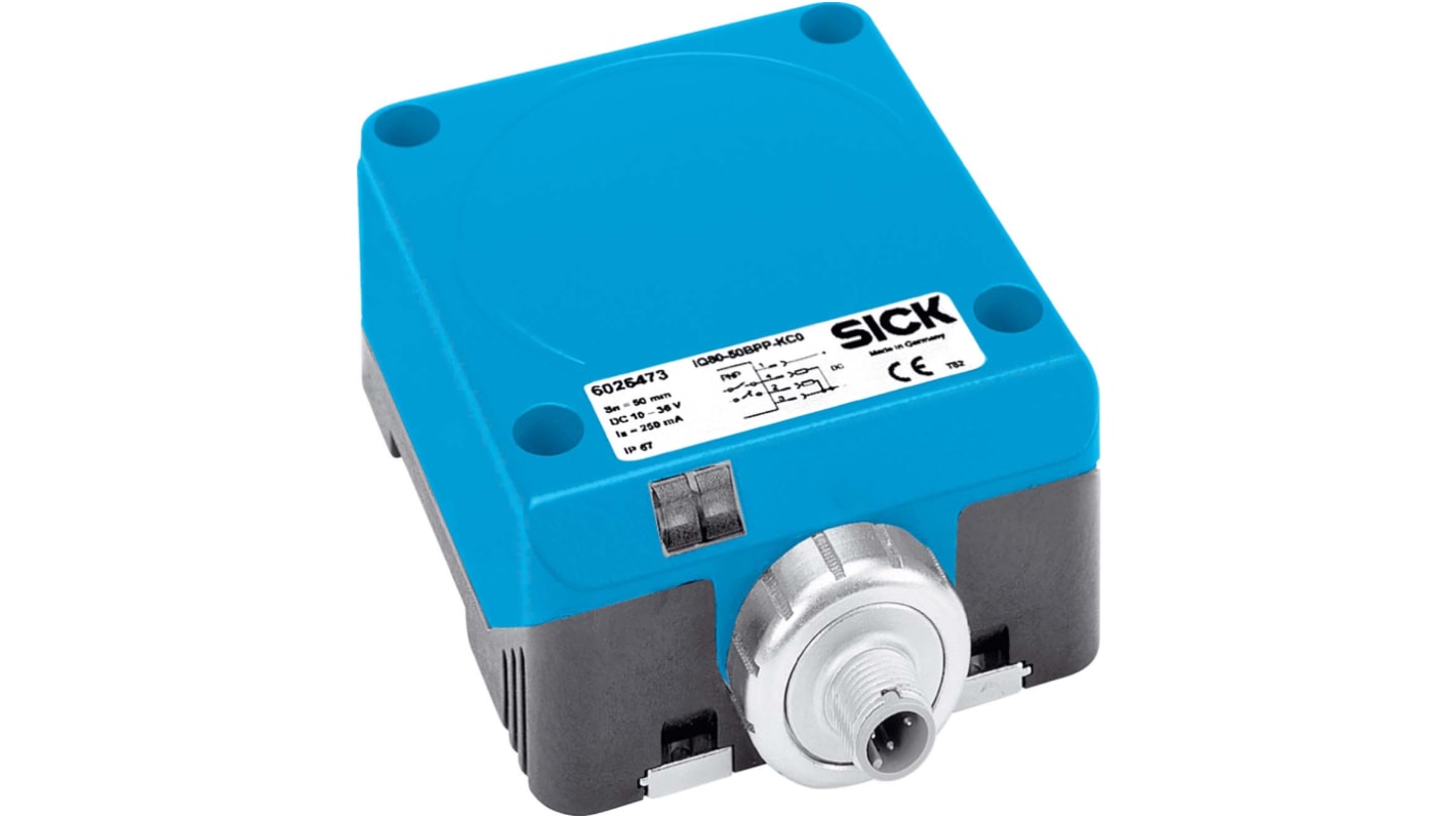 Sensore di prossimità Sick IQ80-50BPP-KC0, induttivo, PNP, rilevamento 50 mm, custodia metallica, dimensioni 80x40x92 mm.