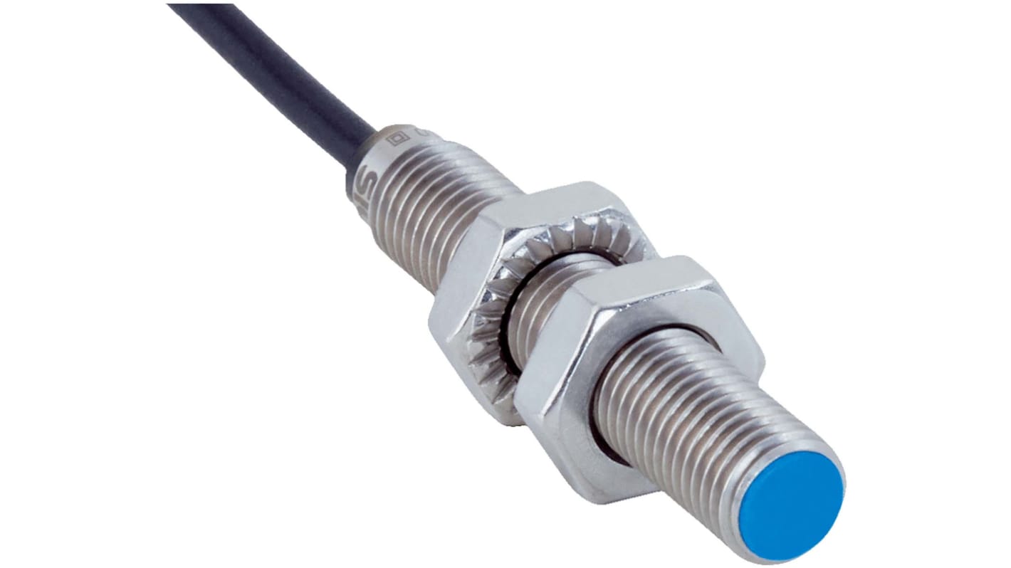 Sensore di prossimità cilindrico Sick IMB08-02BDSVU2S, M8, uscita NO, rilevamento 2 mm, IP68/IP69K, acciaio inox, montaggio a filo.