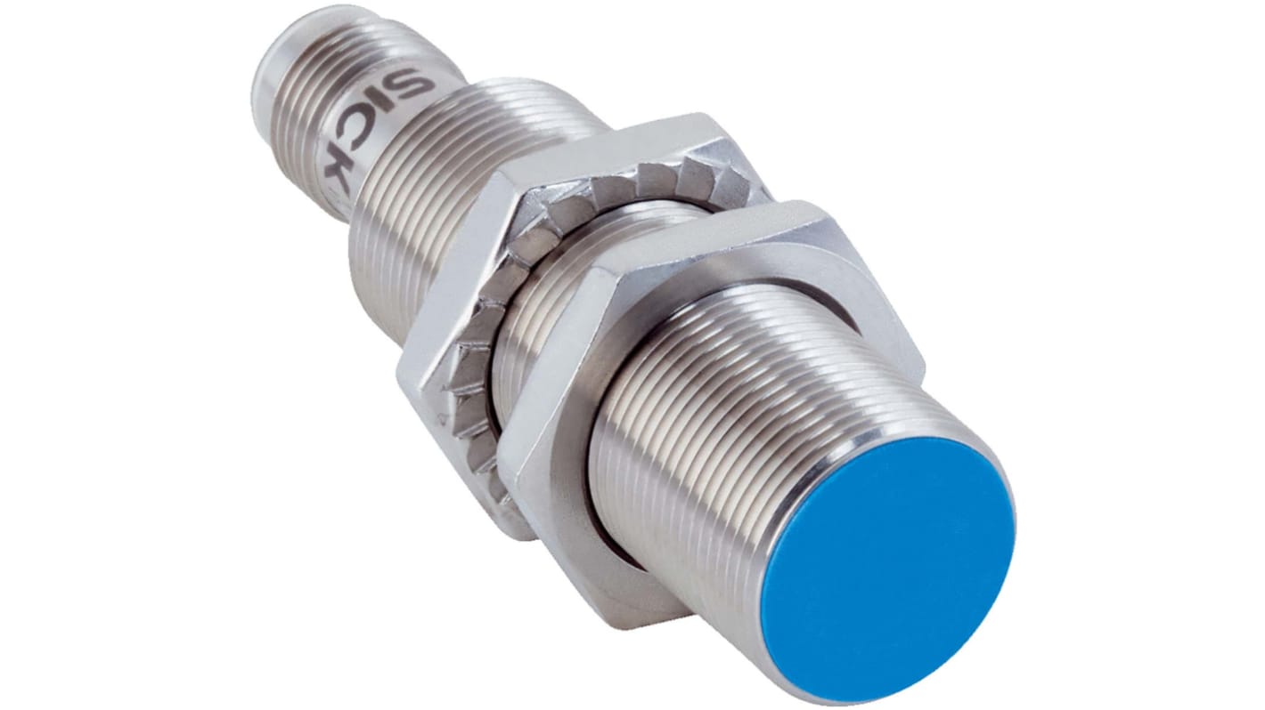 Sensore di prossimità cilindrico Sick IMB18-08BPOVC0S, PNP normalmente chiuso, M18, rilevamento 8 mm, IP68/IP69K, montaggio a filo.