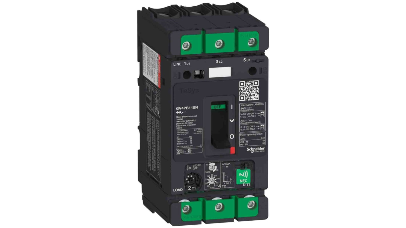 Interruttore termico Schneider Electric GV4PB115N, 3 poli, 115A, 690V, protezione IP40, dimensioni 81 mm.