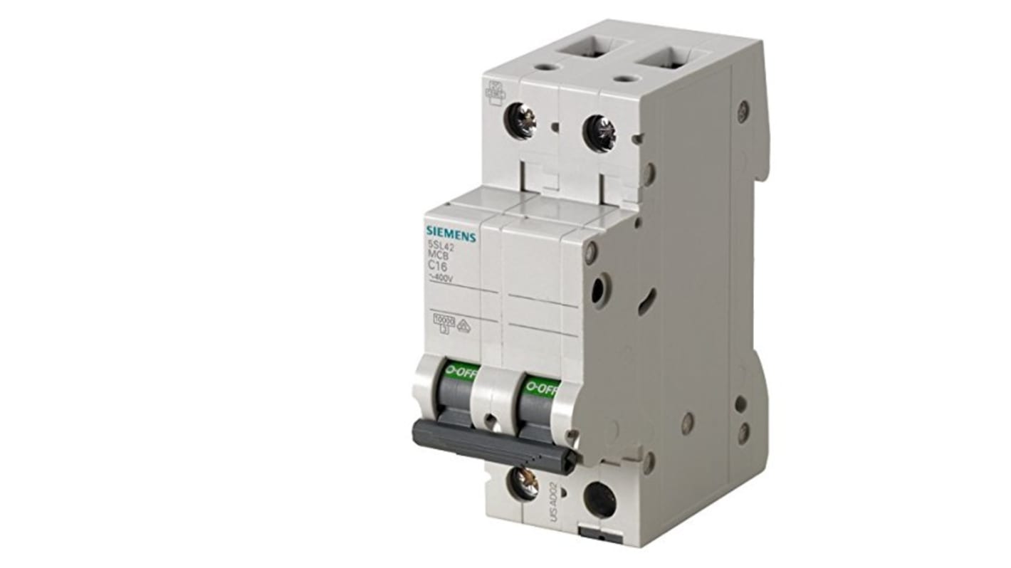 Interruttore magnetotermico Siemens 5SL4202-7 2P 2A 10 kA, Tipo C. Protezione da sovraccarichi e cortocircuiti, ideale per impianti industriali.