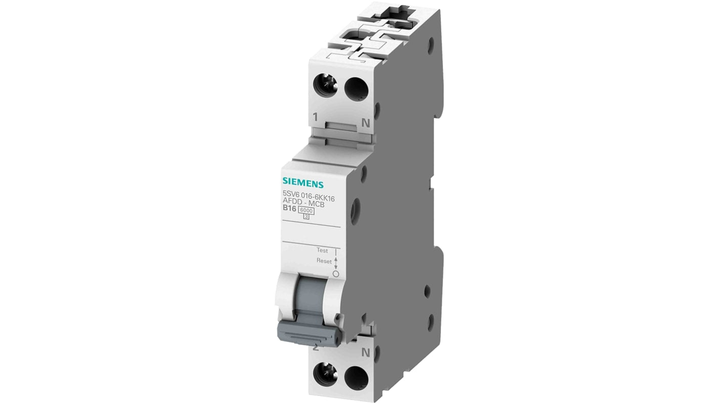 Interruttore magnetotermico Siemens 2 poli 6A, montaggio su guida DIN, dimensioni 18x69x90 mm, capacità di rottura 6 kA.