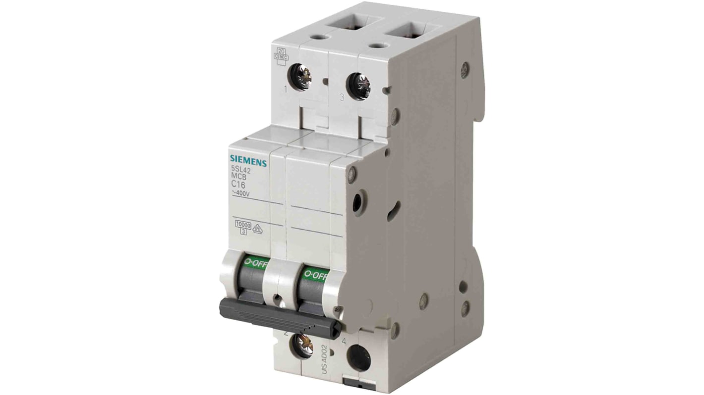Interruttore magnetotermico Siemens 5SL4204-7, 2P 4A 10 kA, Tipo C. Protezione affidabile da sovraccarichi e cortocircuiti. Adatto per installazioni elettriche industriali.