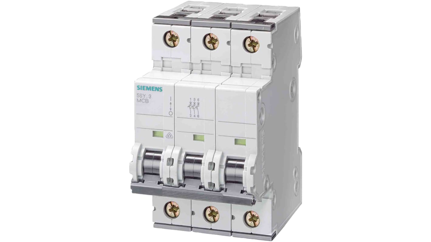 Interruttore magnetotermico Siemens 3P 8A, Tipo C (5SY4308-7). Protezione elettrica affidabile con capacità di interruzione di 10kA.