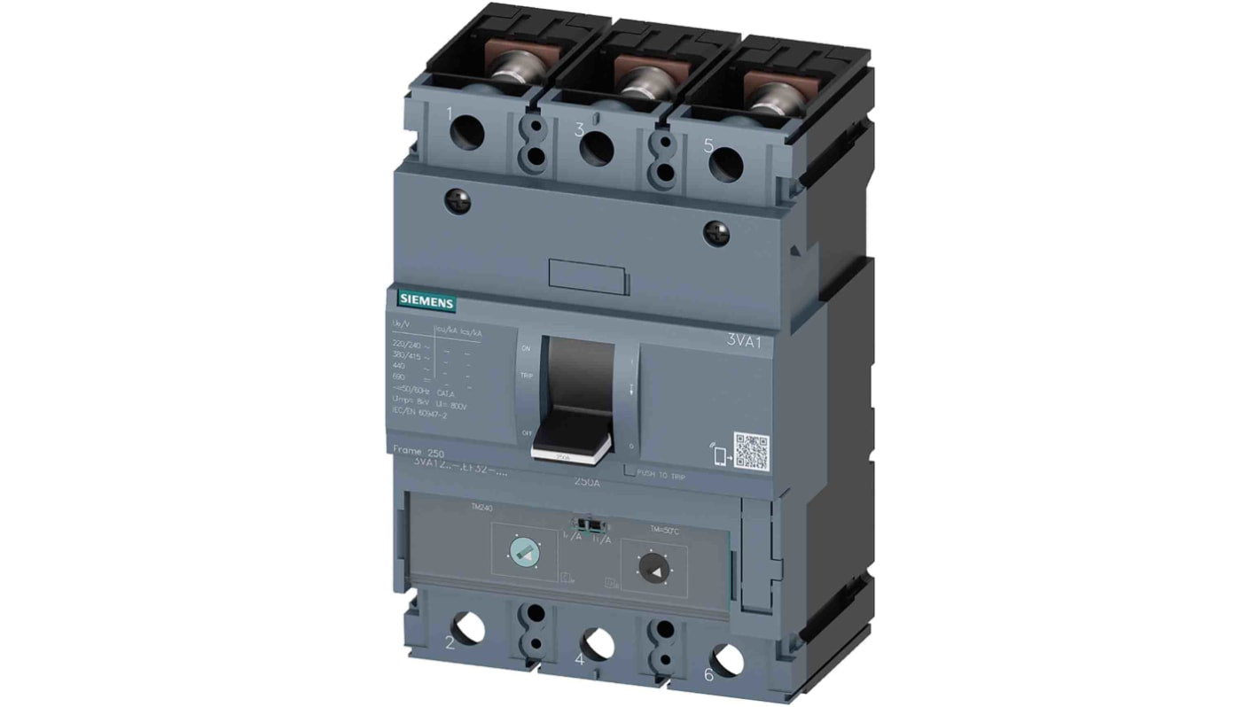 Interruttore automatico scatolato Siemens 3VA1225-4EF32-0AA0, 250A, 690V, 36 kA. Protezione efficace per impianti e motori. Design compatto e flessibile.