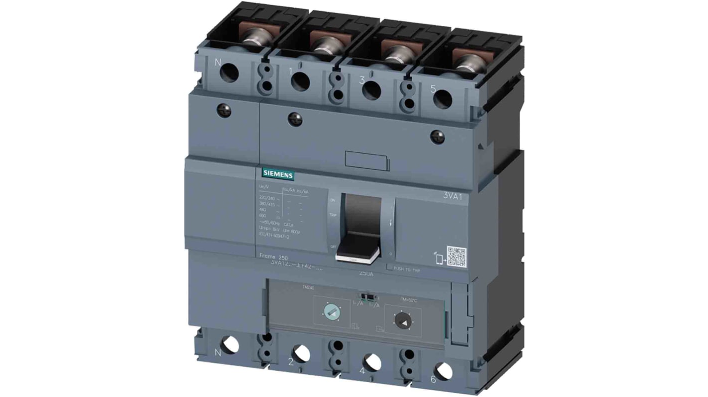 Interruttore magnetotermico scatolato Siemens 3VA1225-4EF42-0AA0, 4 poli, 250A, 690V, design compatto, installazione fissa.