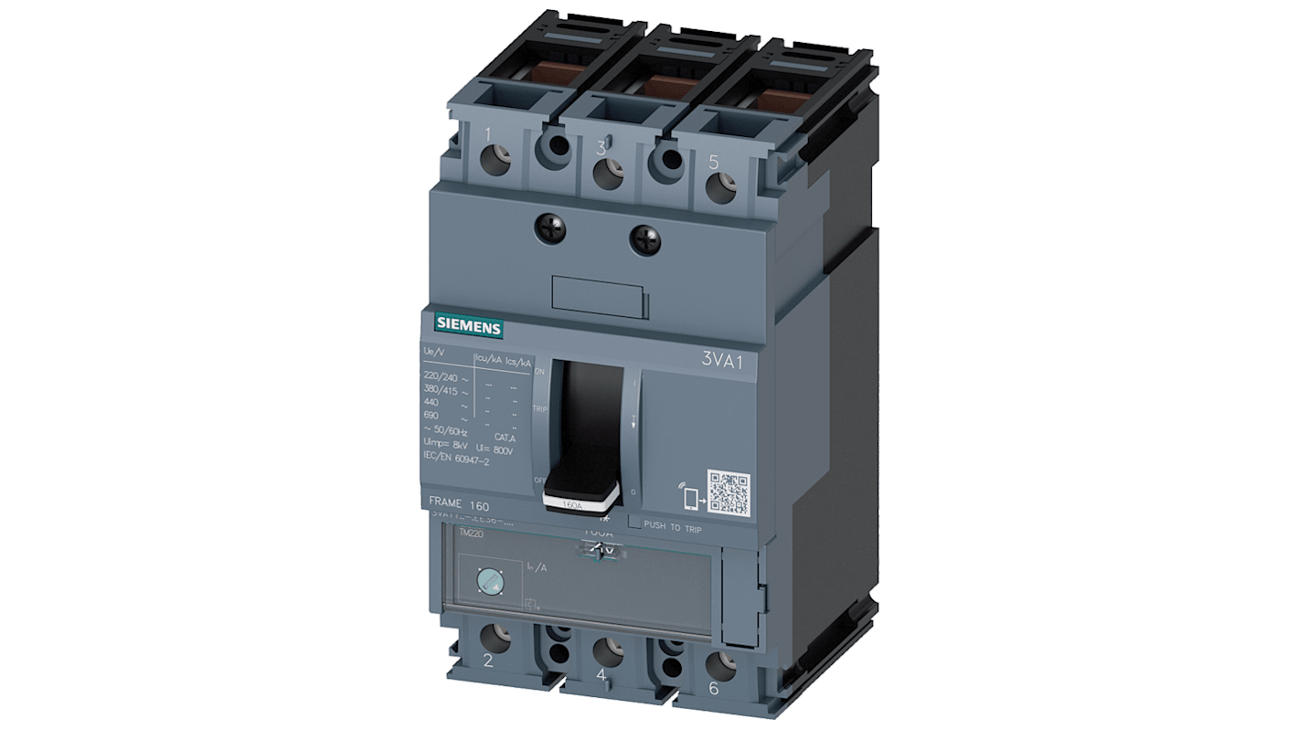 Interruttore automatico Siemens 3VA1125-5EE36-0AA0, 3, 25A, 690V, 55 kA - Protezione per impianti e motori, design compatto e flessibile.