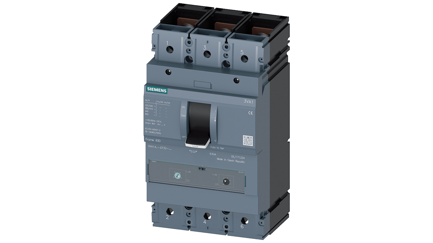 Interruttore magnetotermico scatolato Siemens 3VA1463-5EF32-0AA0, 320A, 690V, 55 kA: protezione efficace per impianti industriali e infrastrutturali.