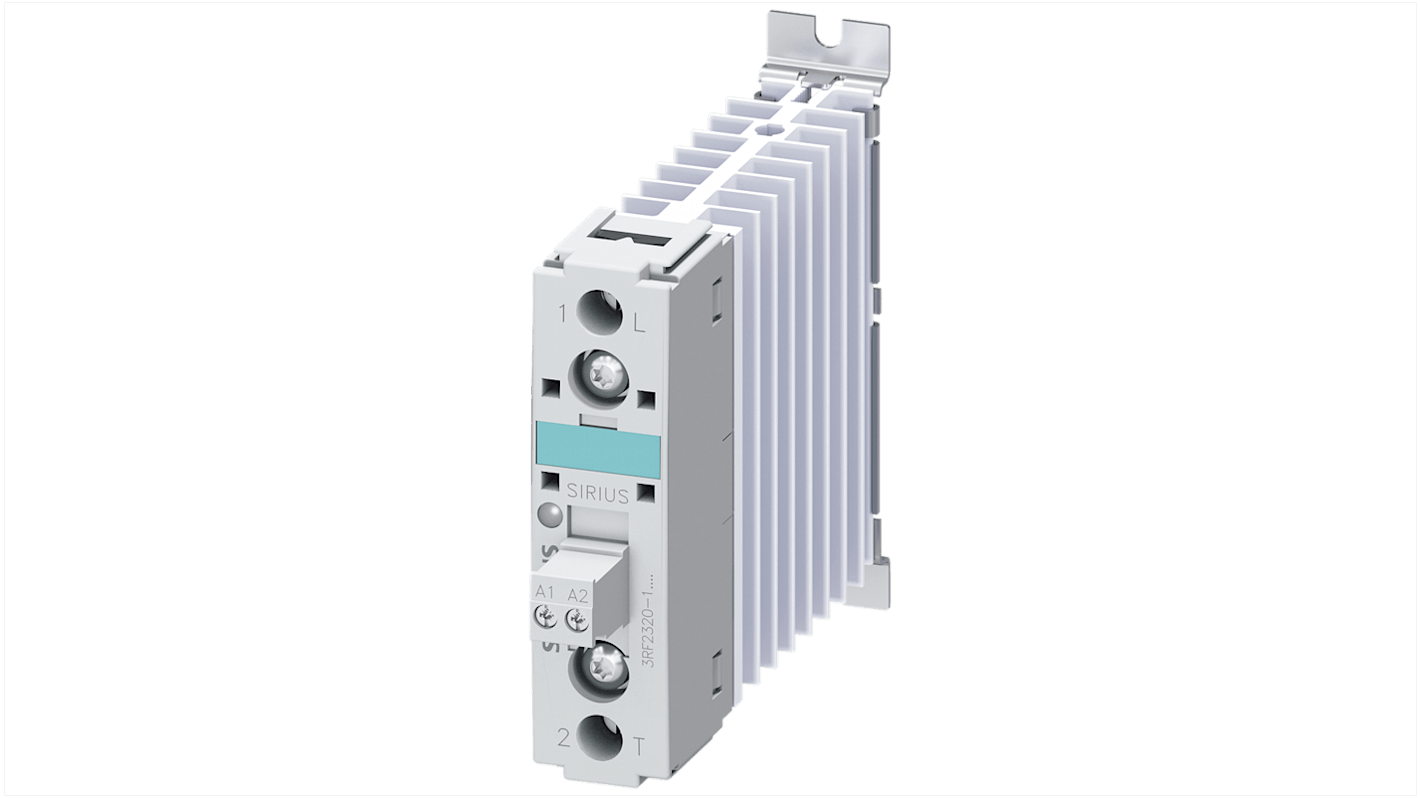 Contattore a stato solido Siemens 3RF2350-1AA45, monofase, 51 A, 48-600 V, montaggio su guida DIN, design compatto.