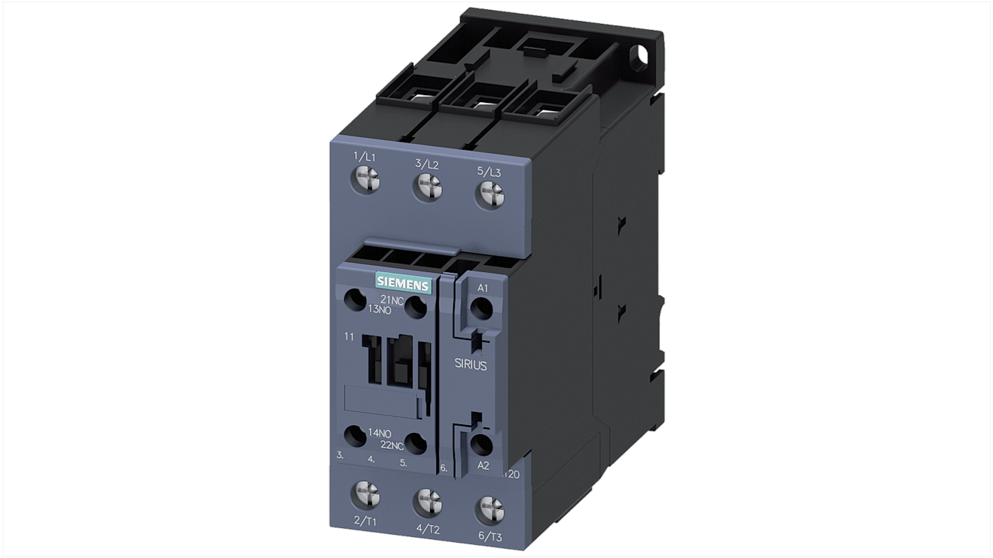 Contattore Siemens 3RT2038-1AK60, 3 poli, 1 NO + 1 NC, 80 A, montaggio su guida DIN, dimensioni 55x114x130 mm.