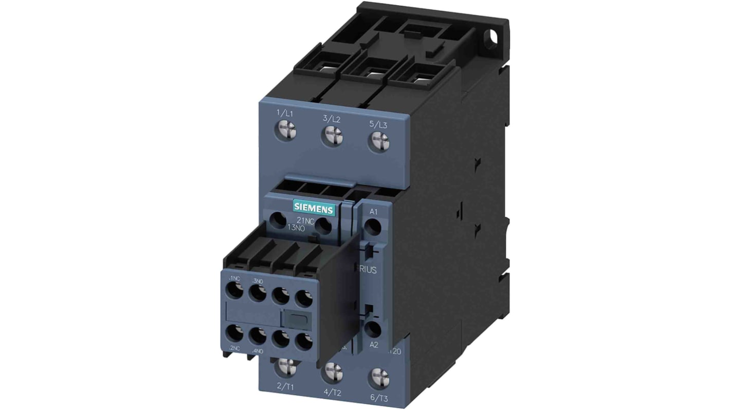 Contattore Siemens 3RT2038-1KB44, 3 poli, 2 NO + 2 NC, 80 A, bobina 24 V c.c., design compatto per collegamenti rapidi.