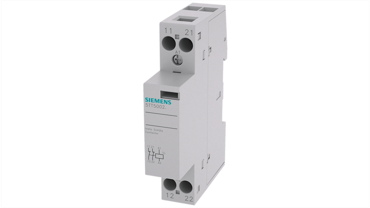 Contattore Siemens 5TT5802-0, 2 poli 2NC, 20 A, bobina 230 V c.a., per applicazioni industriali e residenziali.
