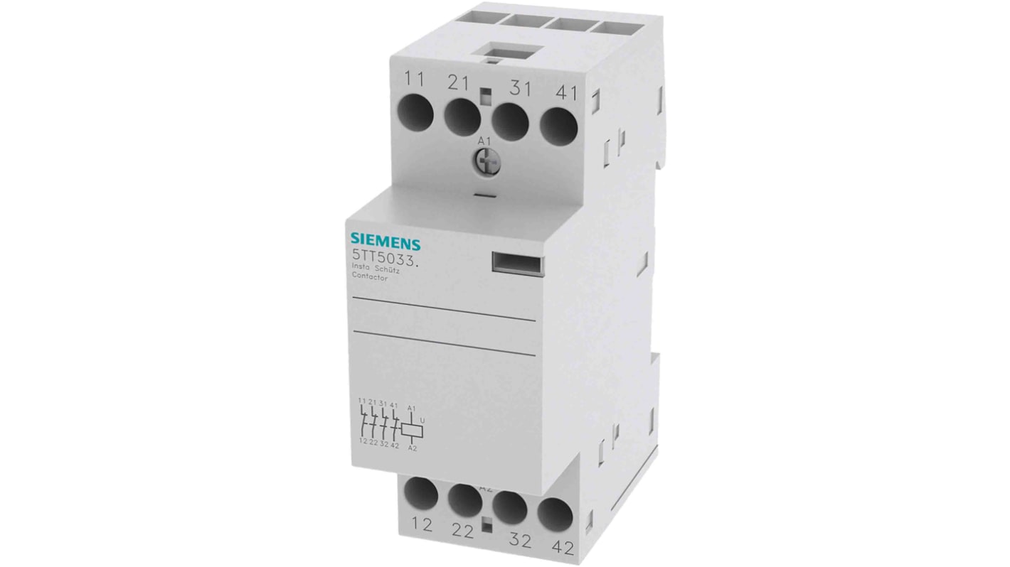 Contattore Siemens 5TT5833-0, 4 poli 4NC, 25 A, 2 kW, bobina 230 V c.a., per applicazioni industriali e residenziali.