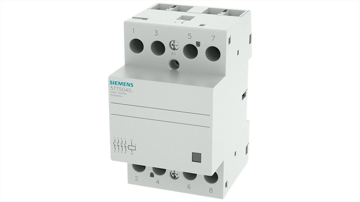 Contattore Siemens 5TT5840-2, 4 poli, 40 A, 24 V, progettato per applicazioni industriali e residenziali, installazione semplice.