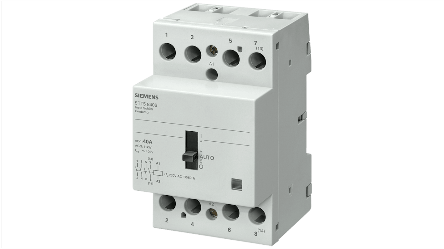 Contattore Siemens 5TT5850-6, 4 poli, 4 contatti NA, corrente 63 A, tensione bobina 230 V c.a., per applicazioni industriali.